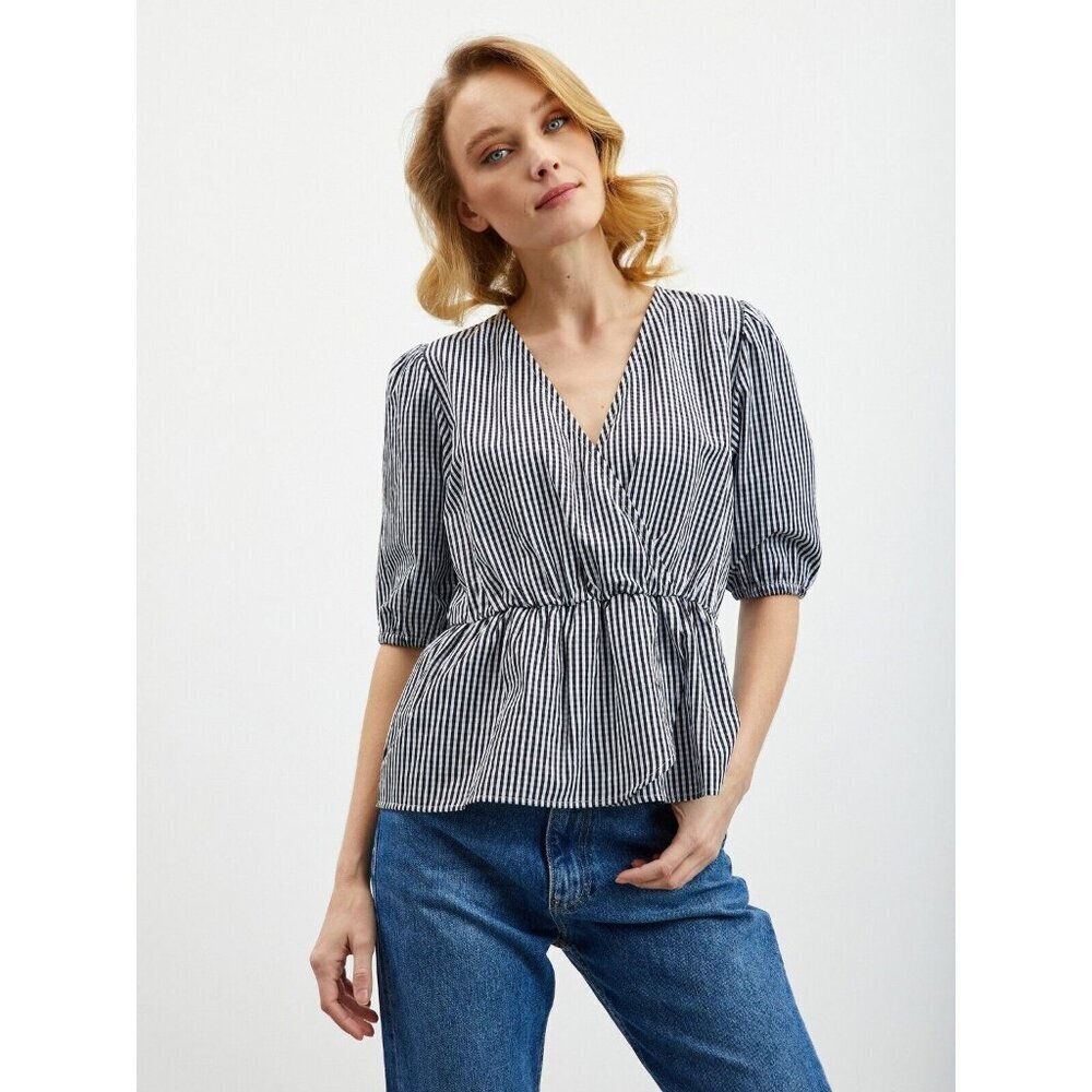 Free Assemble Blue White Stiped 100% Cotton Faux Wrap Vneck Top Women Size M